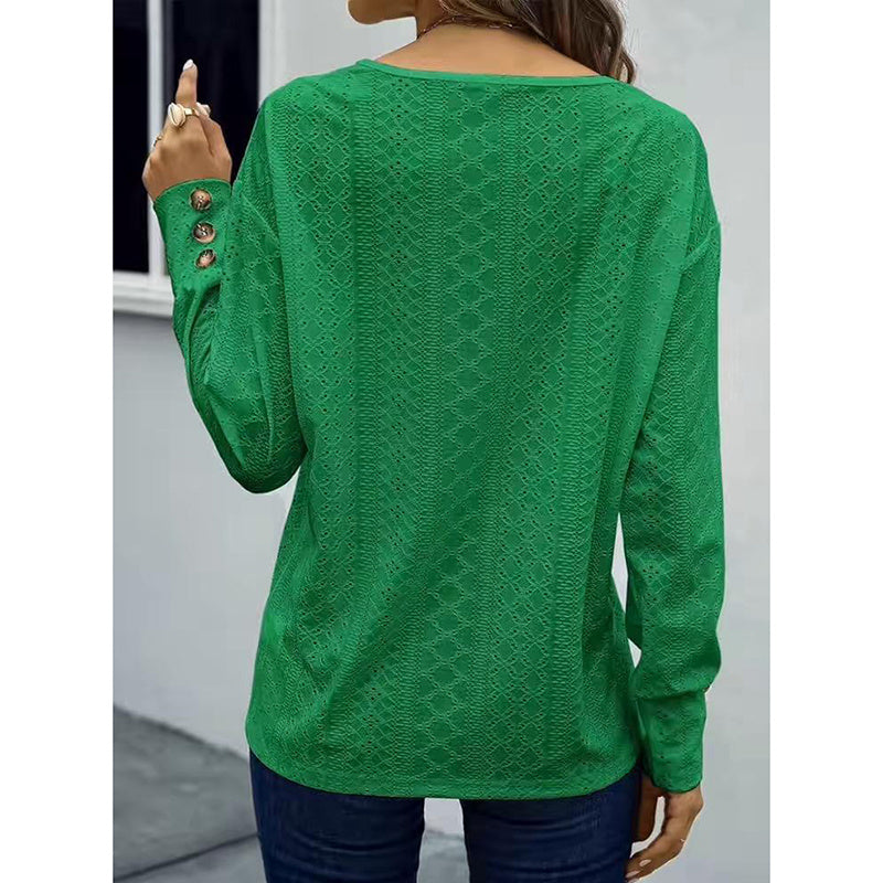 Cute Long Sleeve Eyelet Tops - V Neck Fall Shirts Casual Loose Blouses Trendy Clothes