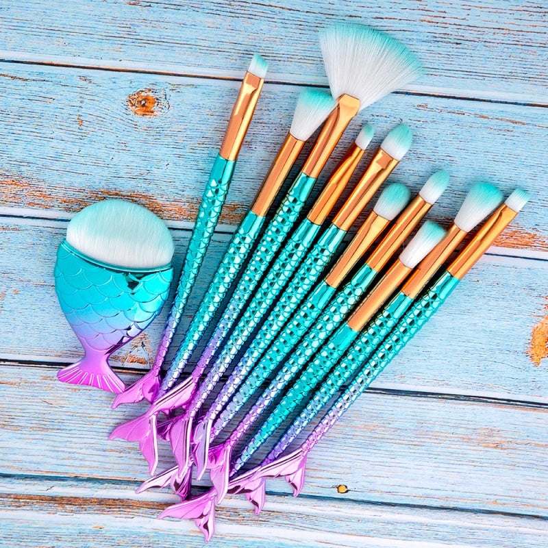 11pcs Makeup Brushes Kit - New Mermaid Foundation Eyebrow Eyeliner Cosmetic Makeup Brushes