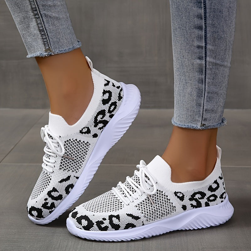 White Shoes - Women Leopard Print Lace-up Sneakers