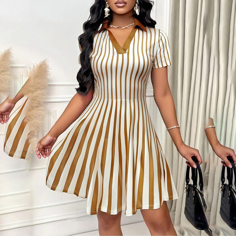 Women's Polo Dress Elegant Striped V Neck Short Sleeve A Line Dresses