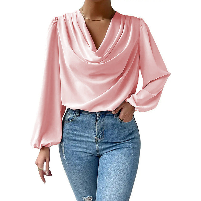 Chiffon Long Sleeved Shirt - Loose V-neck Top T-shirt Women's Clothing