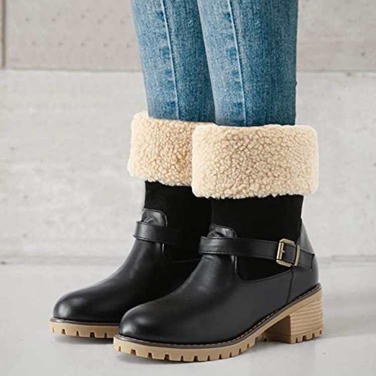 Fashion Boots With Buckle - Chunky Heel Shoes Warm Winter Round Toe Western Boots For Women