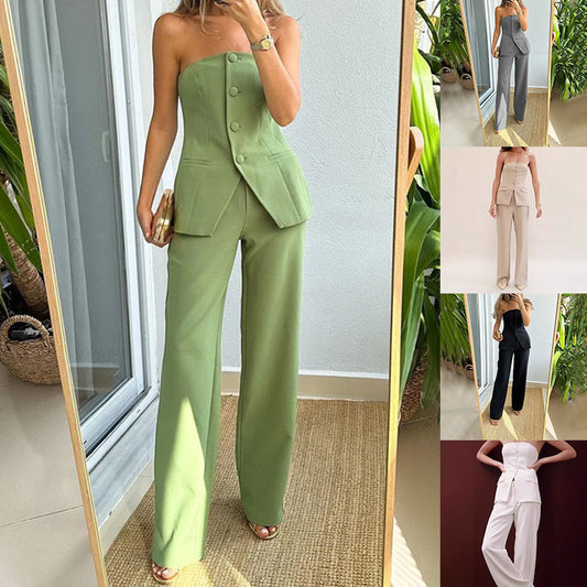 Graceful Tube Button Sleeveless Suit Top And Straight Pants Women's Trousers Set