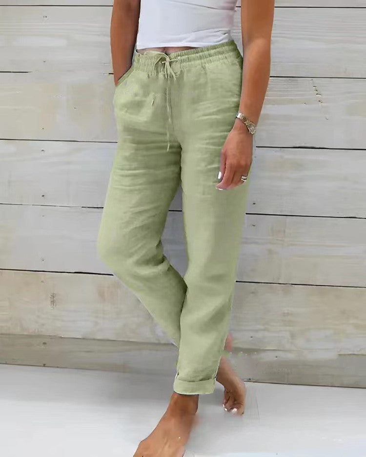Cotton And Linen Women's High Waist Elastic Pant - Waist Solid Color Cotton And Linen Casual Pants