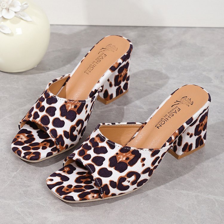 Leopard Square Toe Sandals -- Summer High-heeled Slippers Chunky Heel Shoes For Women