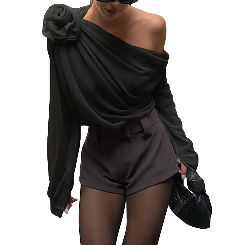 Women's Off Shoulder Tops - Elegant Long Sleeve Asymmetrical Neck Ruched Chiffon Blouse Shirts Going Out Top Y2k Shirts