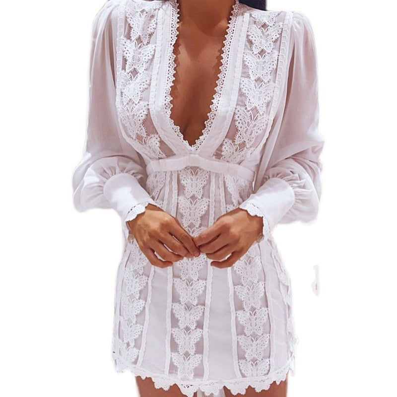 White Sexy V Neck Lace Dress Long Puff Sleeve Butterfly Dress