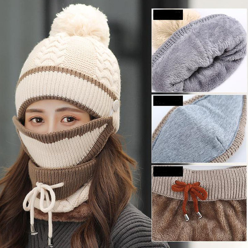 Winter Women 3pcs Knitted Beanie Hat - Scarf Set Warm Hat