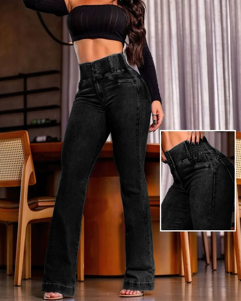Sexy Elegant New Fashion Casual Female Jeans - Bottom Back Shirred Button Front High Waist Jeans