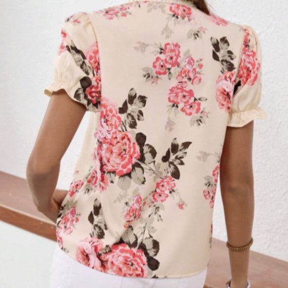 Ladies' Fashionable Casual Printed Lace Collar Lace Up Decorative Shirt Top