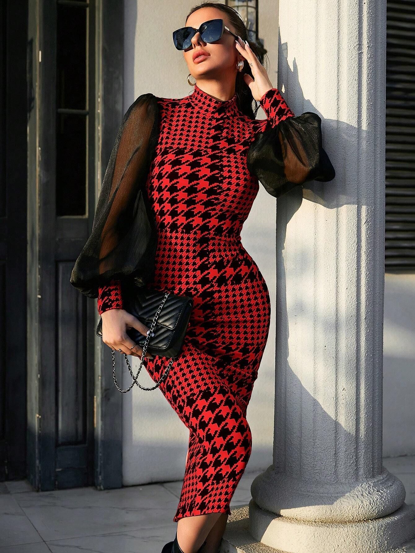 Elegant Women's Houndstooth Bodycon Dress with Sheer Mesh Sleeves – Bold, Chic & Classy! Women's Dresses, Mesh Sleeves Dress - JumoShop