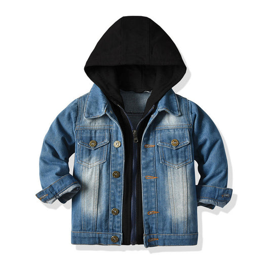Children's Fake Two-piece Denim Jacket - Children's Hooded Fashion Casual Top