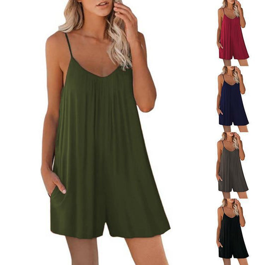 Women Casual Sleeveless Strap Loose Jumpsuits - Summer Shorts Romper With Pockets