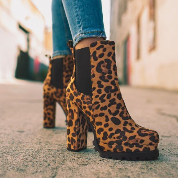 Round-toe Ankle Boots - Solid Leopard Print Thick Square High Heel Shoes Ladies Casual Fashion Autumn Winter Suede Dress Party Boots