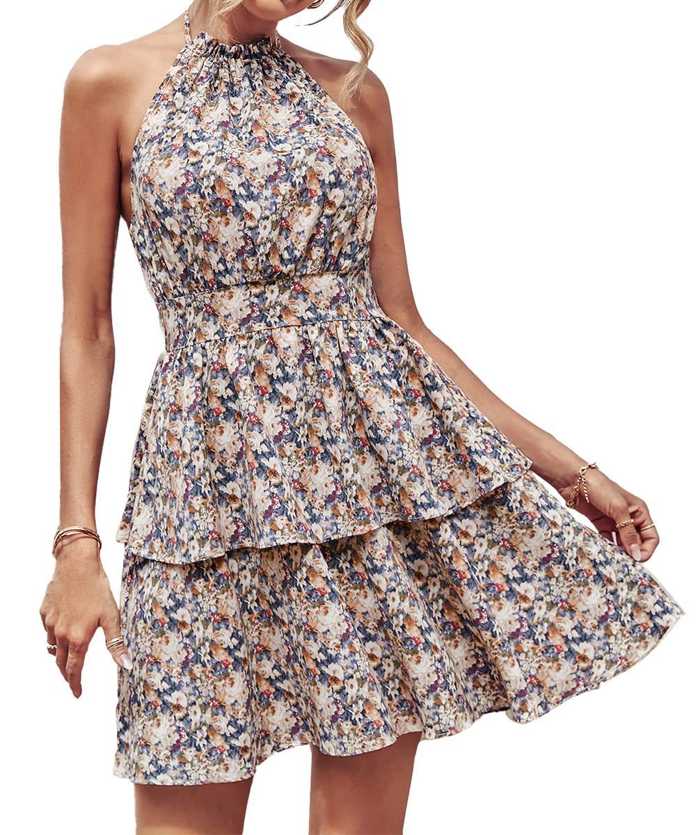 Summer Printed Halter Backless Ruffled A-Line Beach Dresses