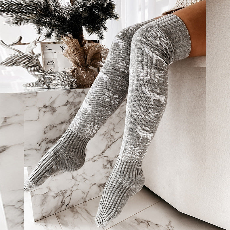Winter Christmas Warm Knitted Women Stocking - Beautiful Elk Snowflake Jacquard Over-the-knee Casual Long Socks For Ladies Gifts Free Size