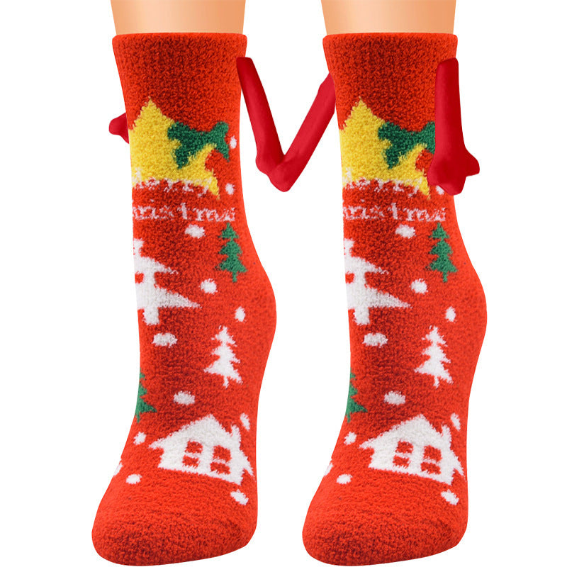 Christmas Supplies Magnetic Suction Hand In Hand Couple Socks - Coral Fleece Tube Socks Warm Slipper Bed Socks Winter Soft Warm Slipper