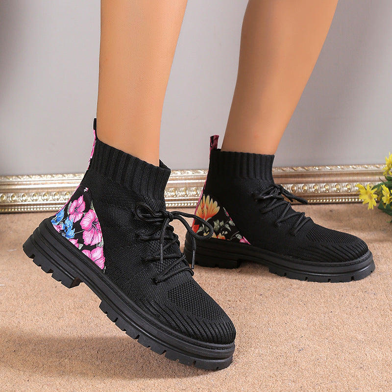 Knitted Flowers Print Boots