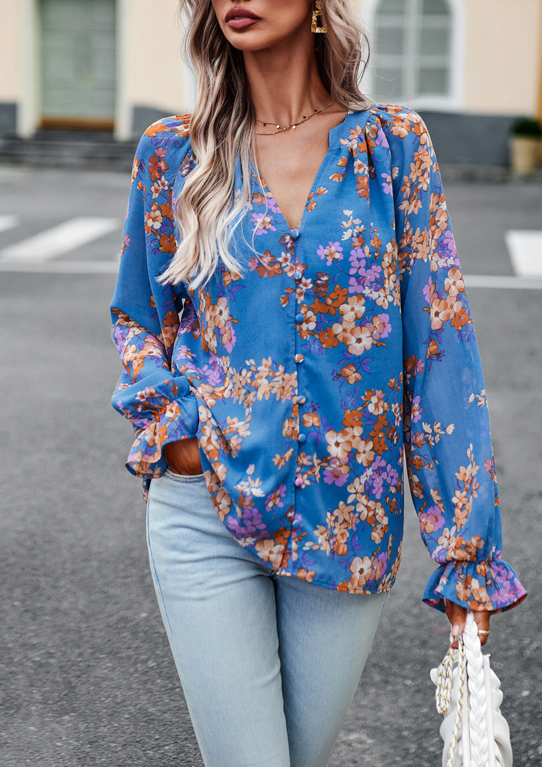 Women Floral Casual V Neck Long Sleeve Shirt - Loose Chiffon Blouses Shirts Tops