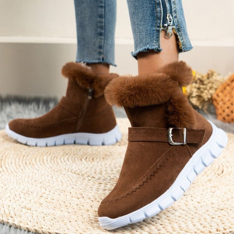 New Snow Boots - Winter Warm Thickened Solid Color Plush Ankle Boots With Buckle Design Plus Velvet Flat Shoes For Women