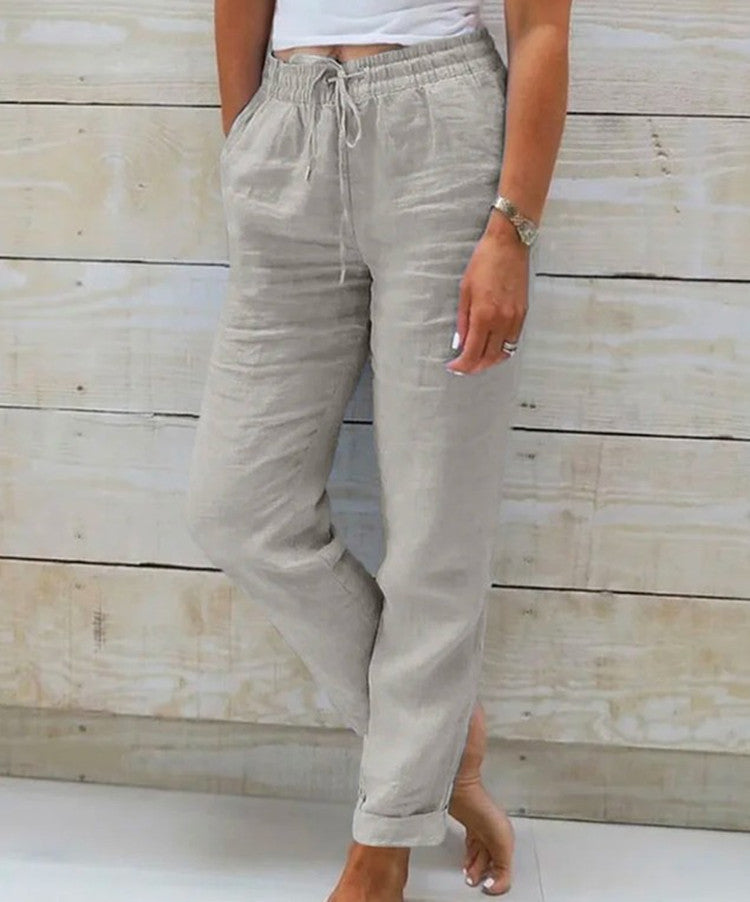 Cotton And Linen Women's High Waist Elastic Pant - Waist Solid Color Cotton And Linen Casual Pants