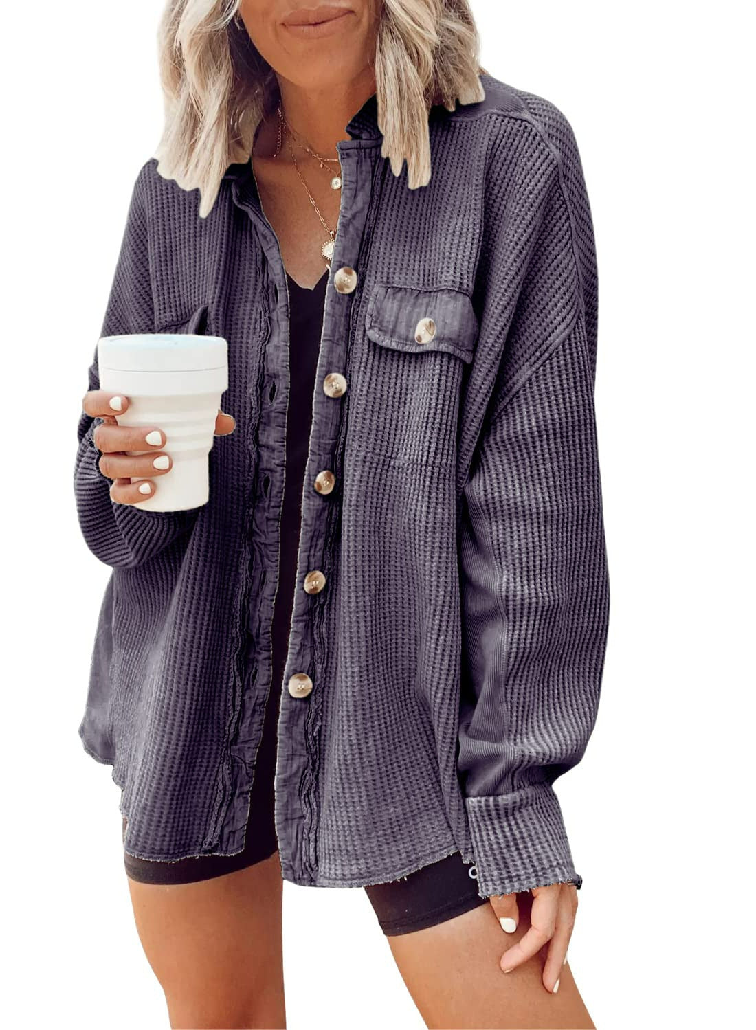 Women Button Shirt Jacket - Lapel Long Sleeve Fashion Jacket