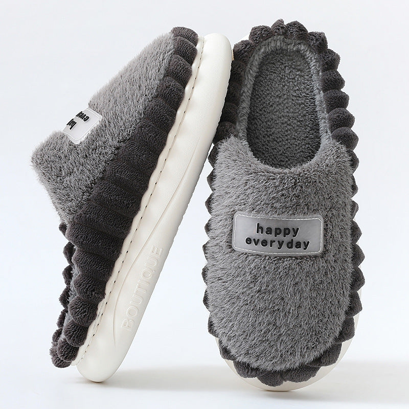Home Slippers For Men -- Thick-soled, Color-block Letters Fluffy Fleece  House Shoes