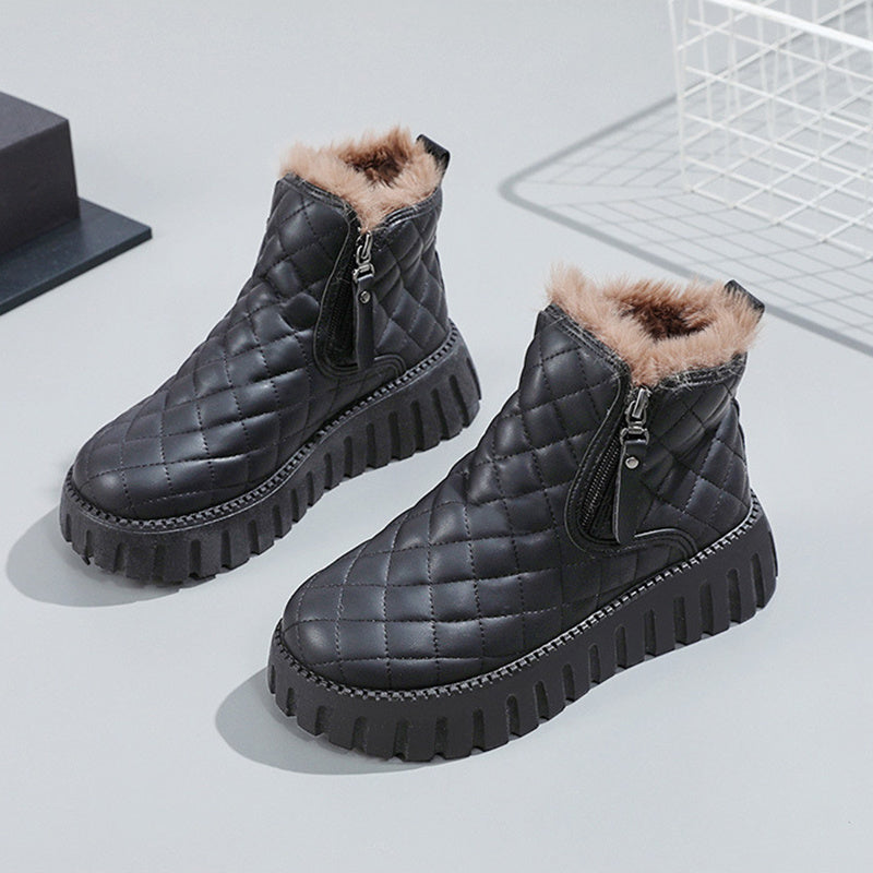 Women's Plaid Pattern Platform Ankle Boots - Casual Side Zipper Plush Lined Snow Boots Winter Comfortable Short Boots