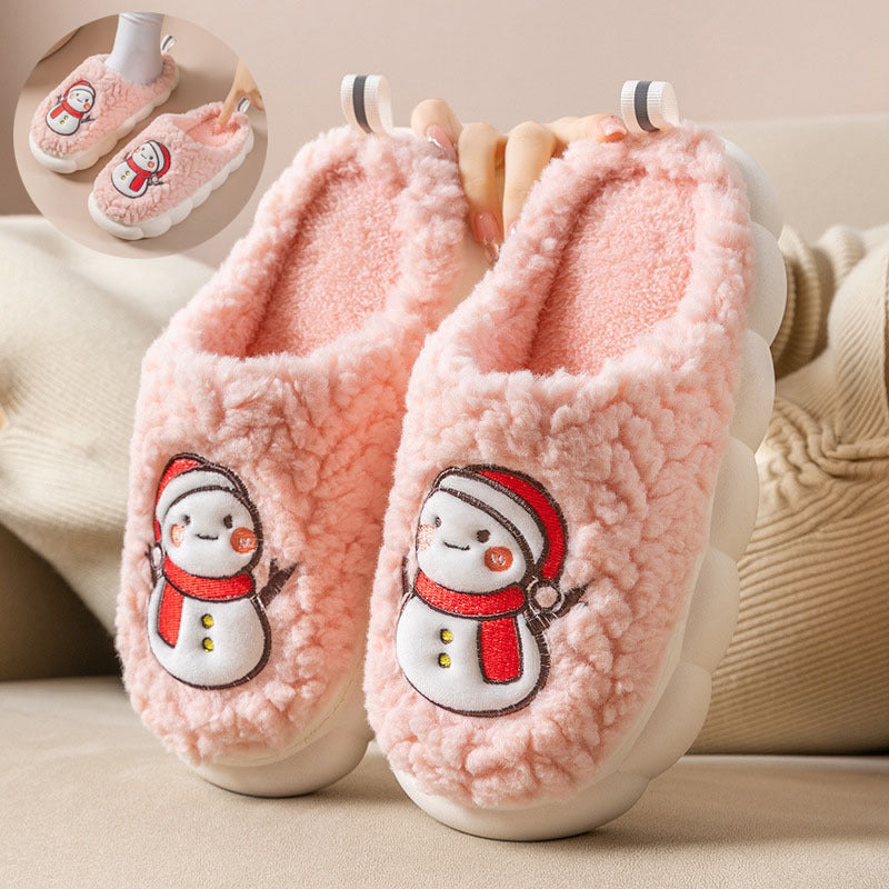 Cute Snowman Slippers -- Winter Indoor Household Warm Plush Thick-Soled Anti-slip Couple Home Slipper Soft Floor Bedroom House Shoes