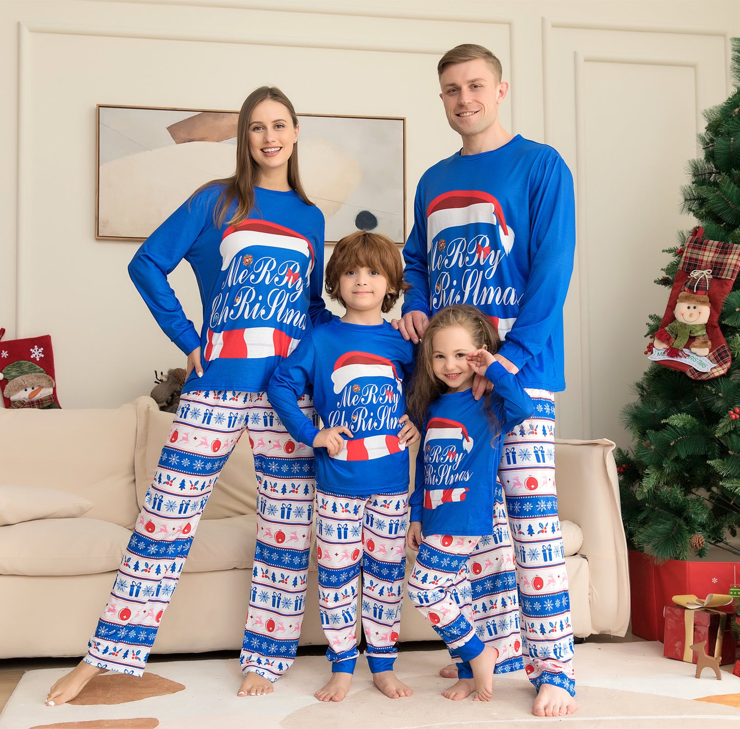 Matching Family Pajamas Sets - Christmas PJ's Letter Print Top And Plaid Pants Jammies Sleepwear