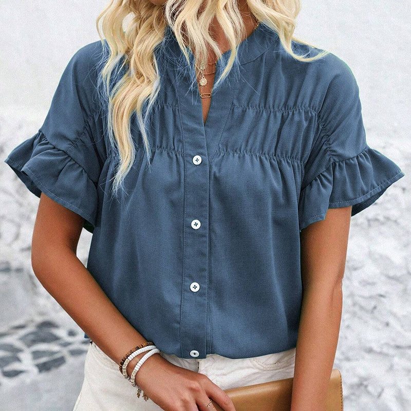 Womens Summer Ruffle Short Sleeve Button Down Shirts Dressy Casual V Neck Business Work Blouses