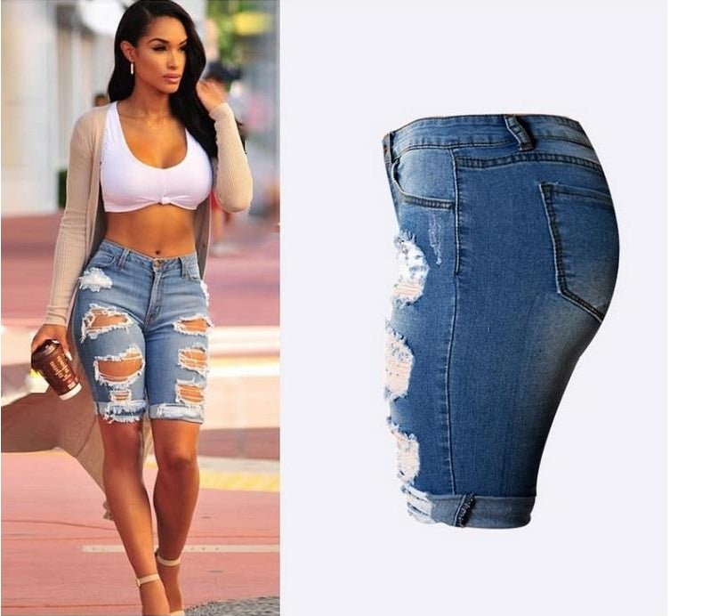 High Waist Roll-up Demin Shorts - Middle Pants Street Fashion