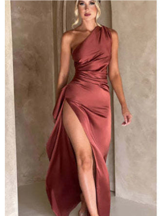 Sexy One-shoulder Backless Slit Dress - Summer Elegant Slim-fit Solid Color Satin Dresses For Women