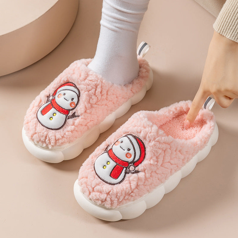 Cute Snowman Slippers -- Winter Indoor Household Warm Plush Thick-Soled Anti-slip Couple Home Slipper Soft Floor Bedroom House Shoes