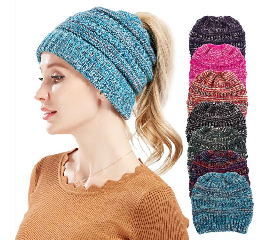 Mixed Color Knitted Wool Hat - Ladies Non-labeled Ponytail Hat
