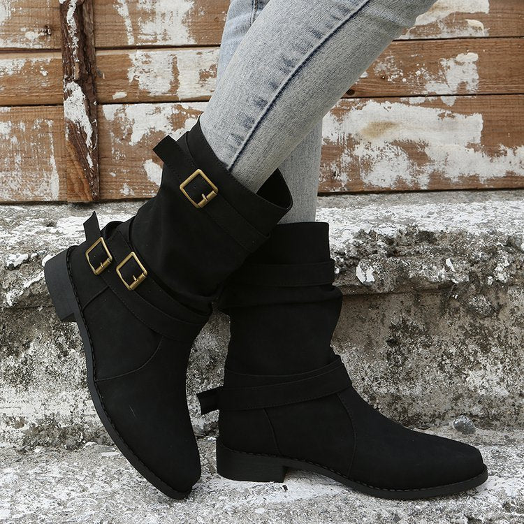 Low Heel Vintage Adjustable Buckle Boots for Women