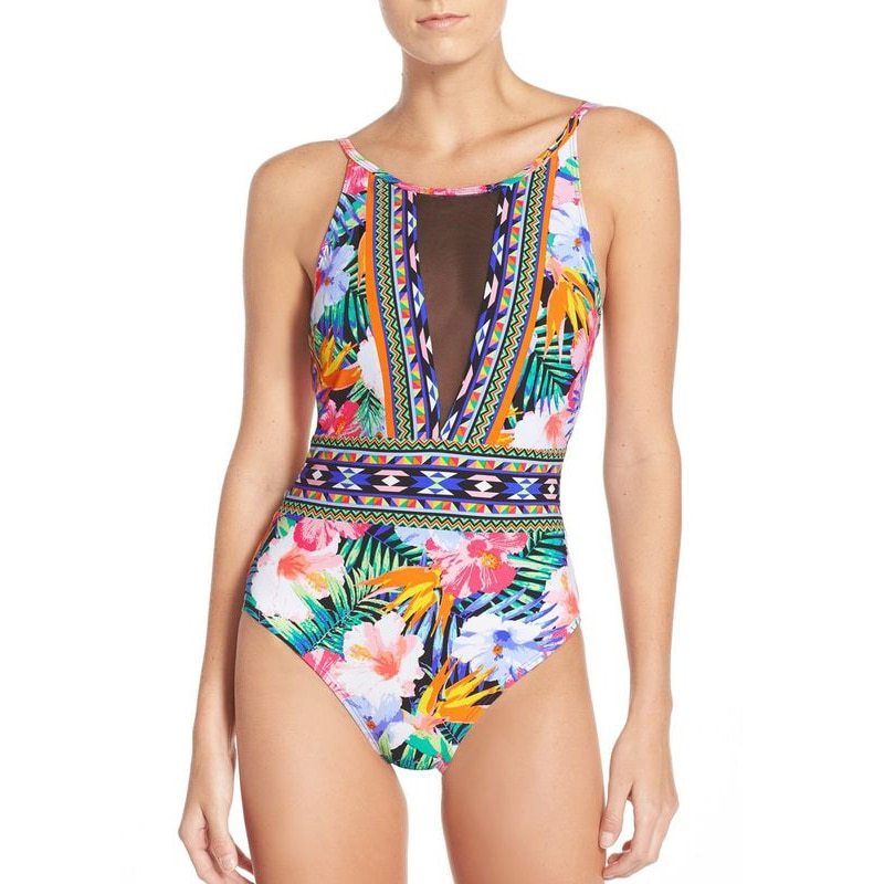 Sexy Mesh One-Piece Swimsuit - Floral Bathing Suit Patchwork Bikini