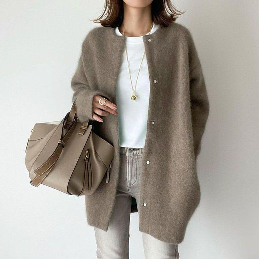 Loose Round Neck Single Breasted Cardigan - Fashion Solid Color Coat Jacket Autumn And Winter Women's Clothing