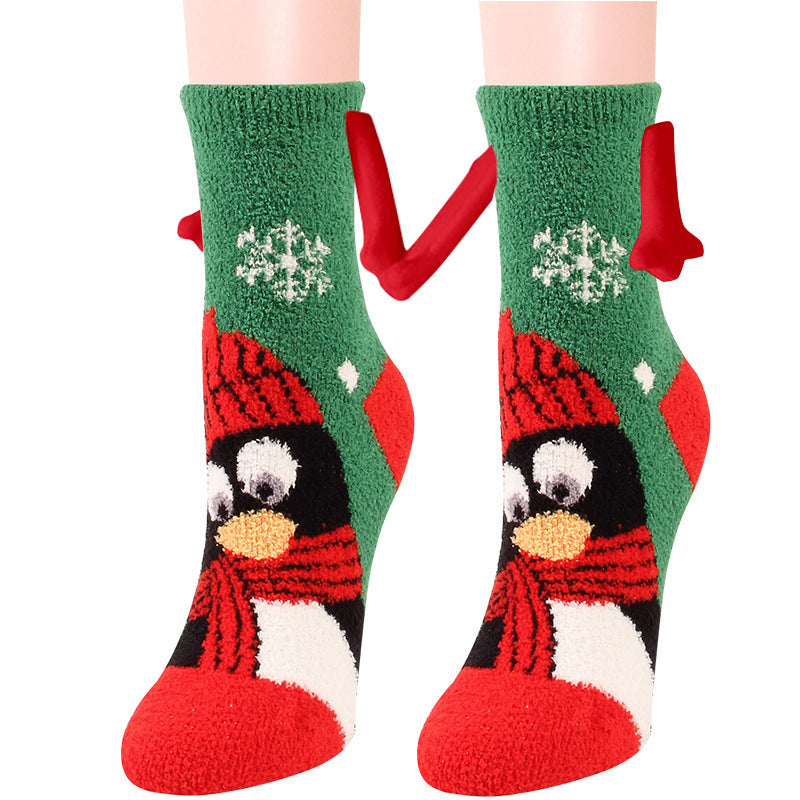 Christmas Supplies Magnetic Suction Hand In Hand Couple Socks - Coral Fleece Tube Socks Warm Slipper Bed Socks Winter Soft Warm Slipper
