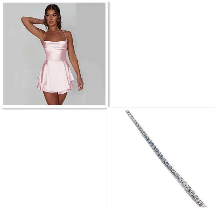Elegant Suspender Slim Strap Satin Backless Lace Up A-Line Short Dress Lady