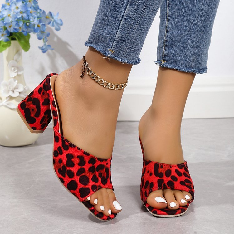 Leopard Square Toe Sandals -- Summer High-heeled Slippers Chunky Heel Shoes For Women