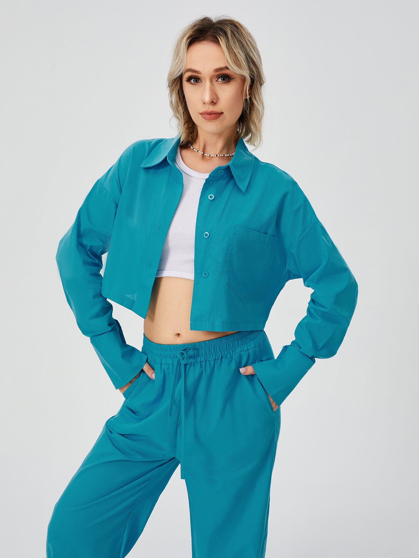Women Two Piece Loungewear - Women Long Sleeve Button Down Wide Leg Pajama Set