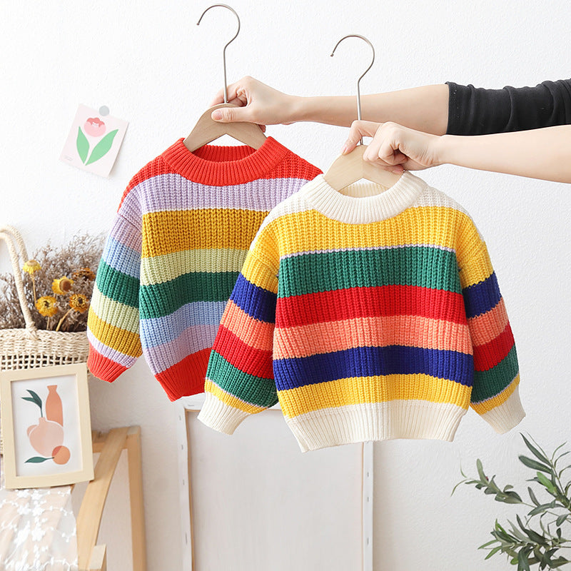 Baby Loose And Idle Tops - Girls' Striped Knitted Pullover