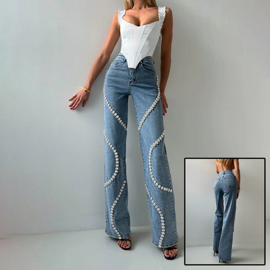 Fashionable Loose High Wait Straight Leg Jeans With A Rhine Stone - Casual Pants Denim Design For Women