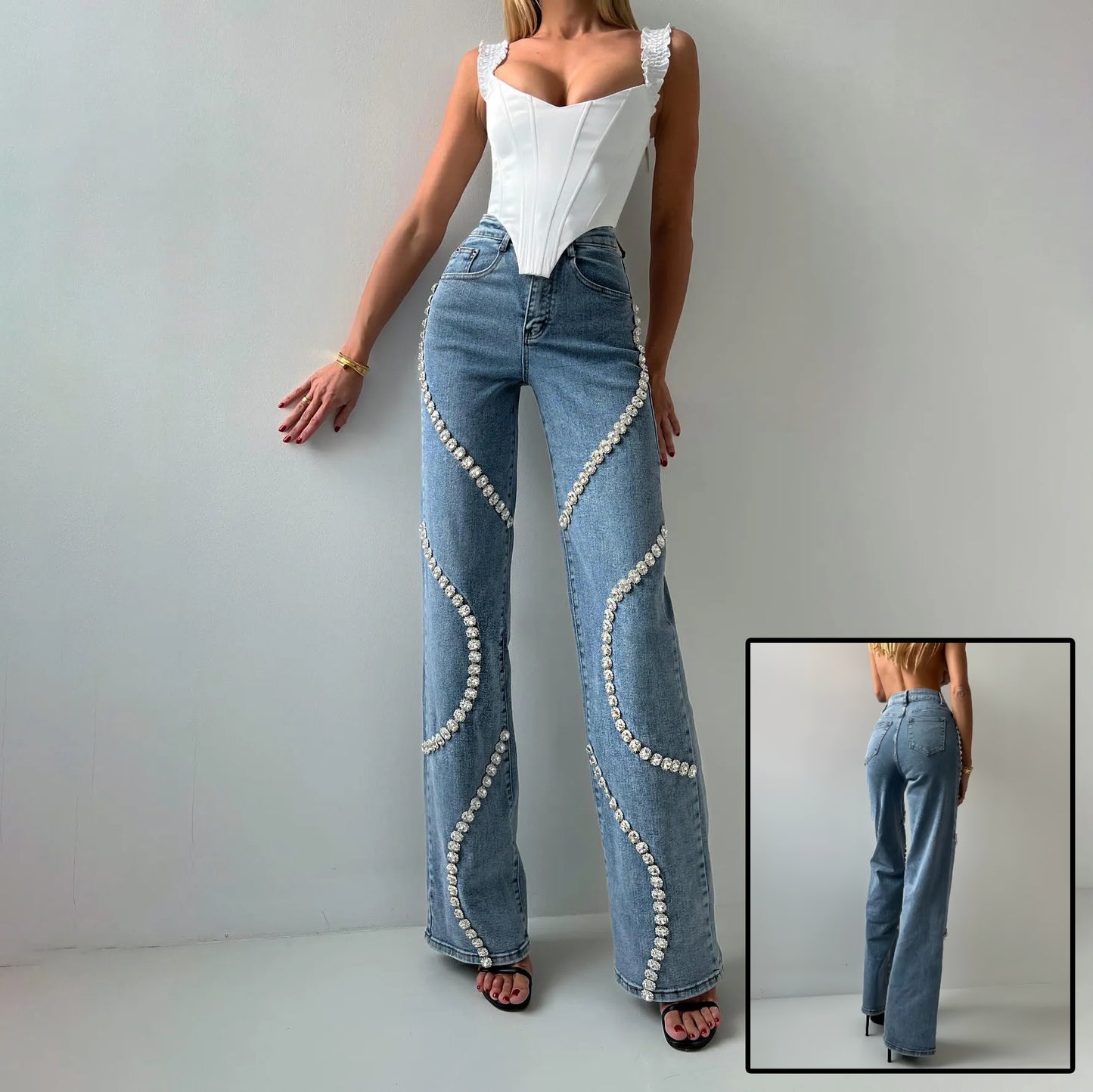 Fashionable Loose High Wait Straight Leg Jeans With A Rhine Stone - Casual Pants Denim Design For Women