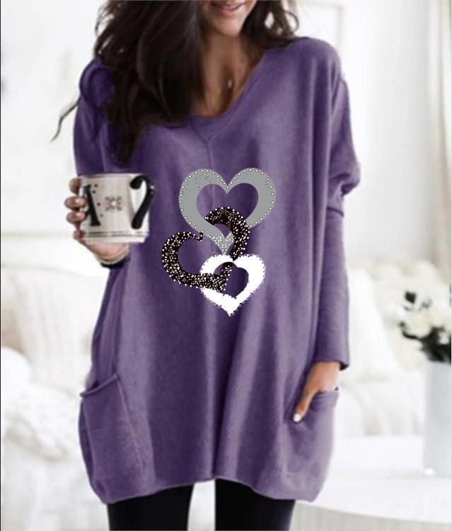 Women's Printed Pocket Round Neck Sweater - Women's Mid-length sweater