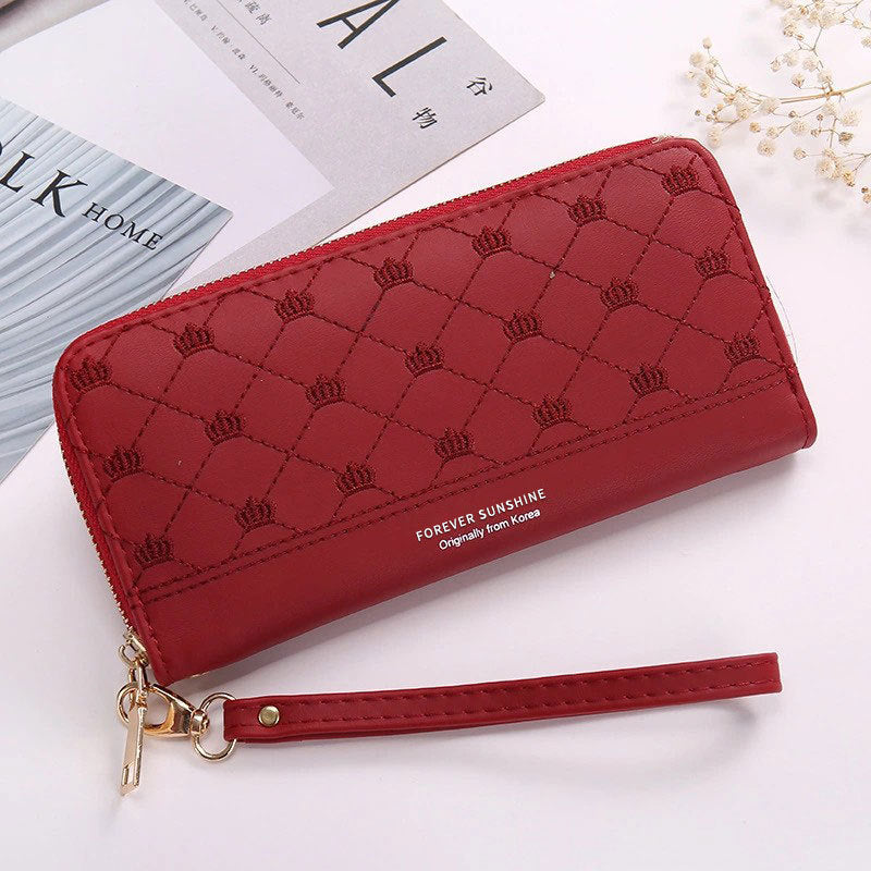 Long Crown Embroidery Thread Single Zip Clutch Women's Wallet