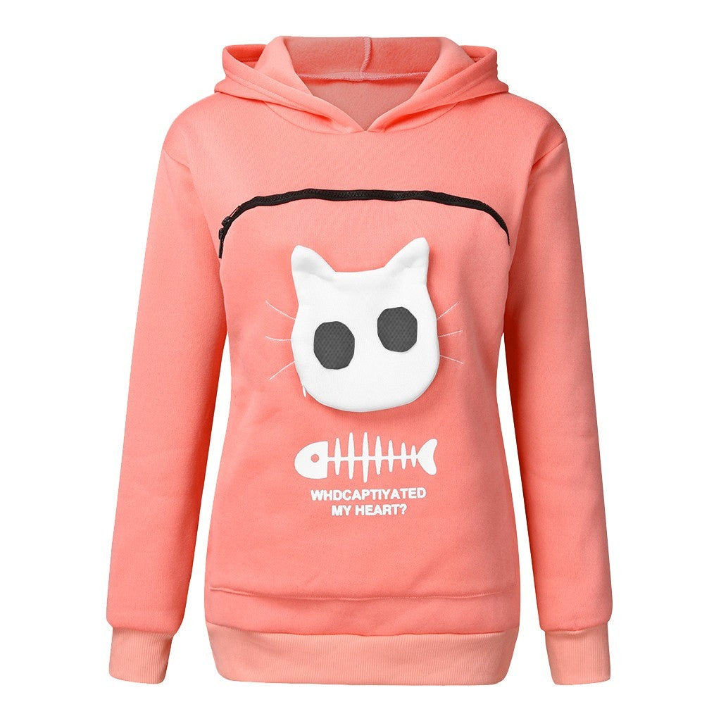 Women Hoodie Sweatshirt With Cat Pet Pocket Design - Long Sleeve Sweater Cat Outfit