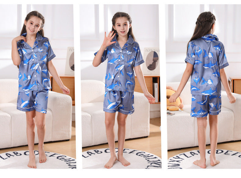Girls' Thin Ice Silk Pajamas - Children's Short-sleeved Shorts Summer