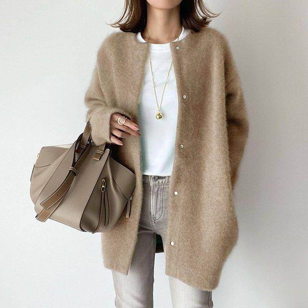 Loose Round Neck Single Breasted Cardigan - Fashion Solid Color Coat Jacket Autumn And Winter Women's Clothing